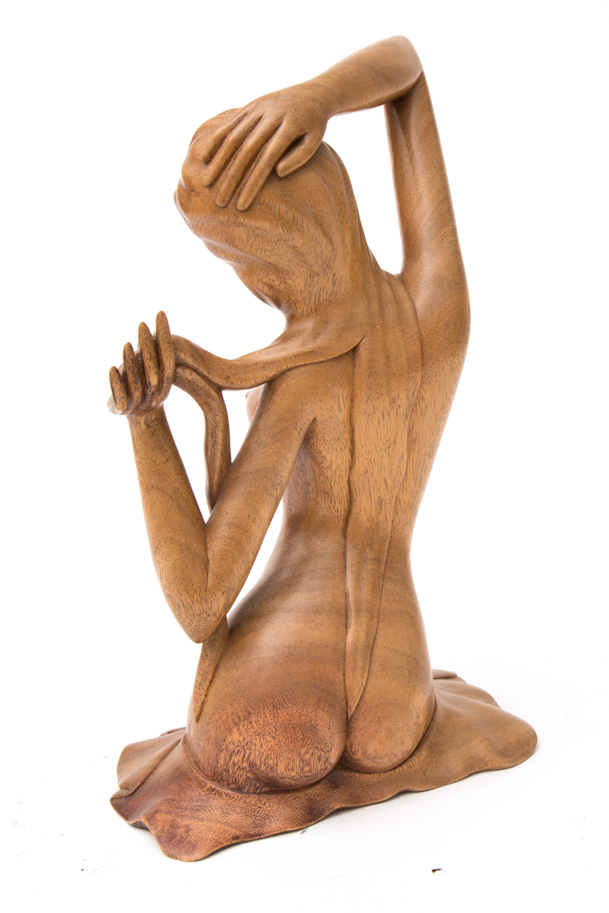 Wayan Rendah Hand Carved Wooden Sculpture Of Seated Female