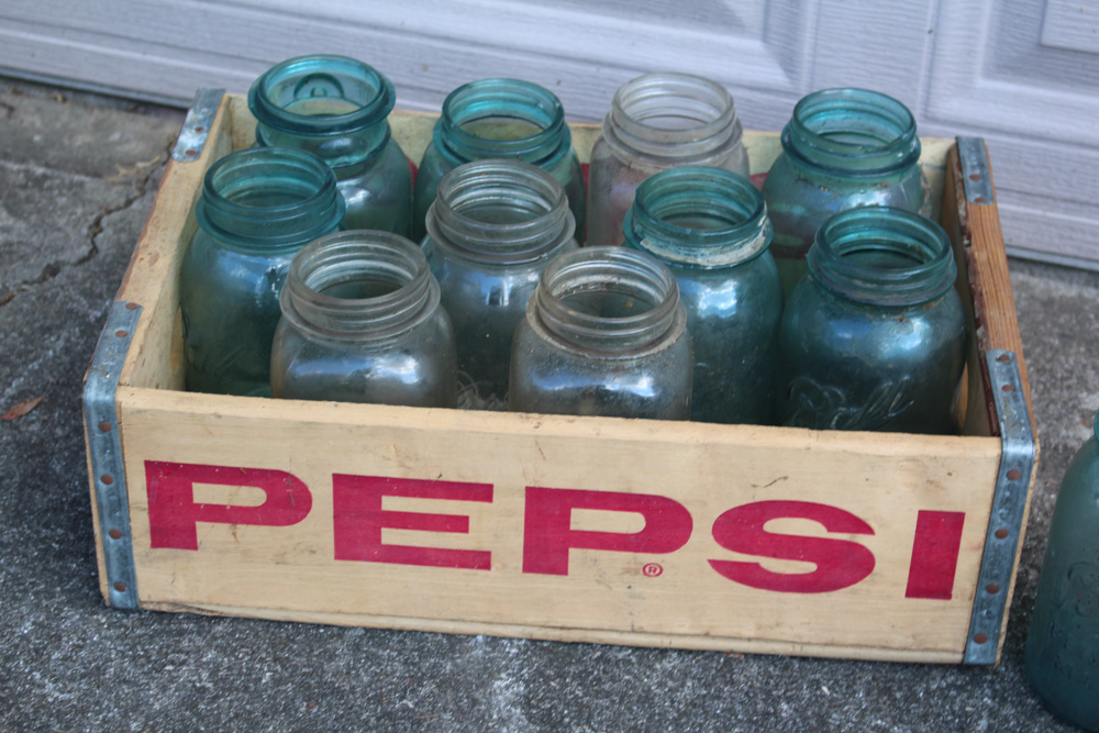Antique and Vintage Mason Jars and Wooden Pepsi Box