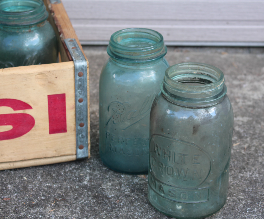 Antique and Vintage Mason Jars and Wooden Pepsi Box