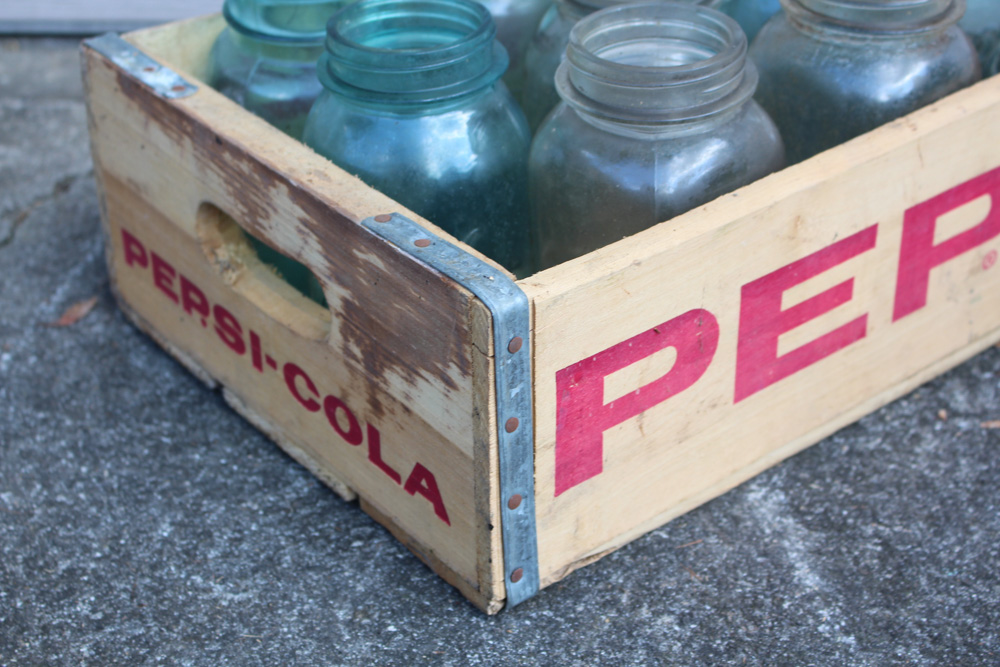 Antique and Vintage Mason Jars and Wooden Pepsi Box
