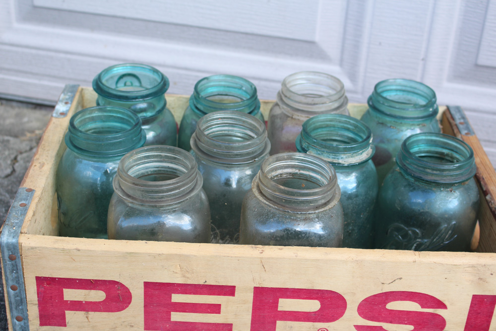 Antique and Vintage Mason Jars and Wooden Pepsi Box