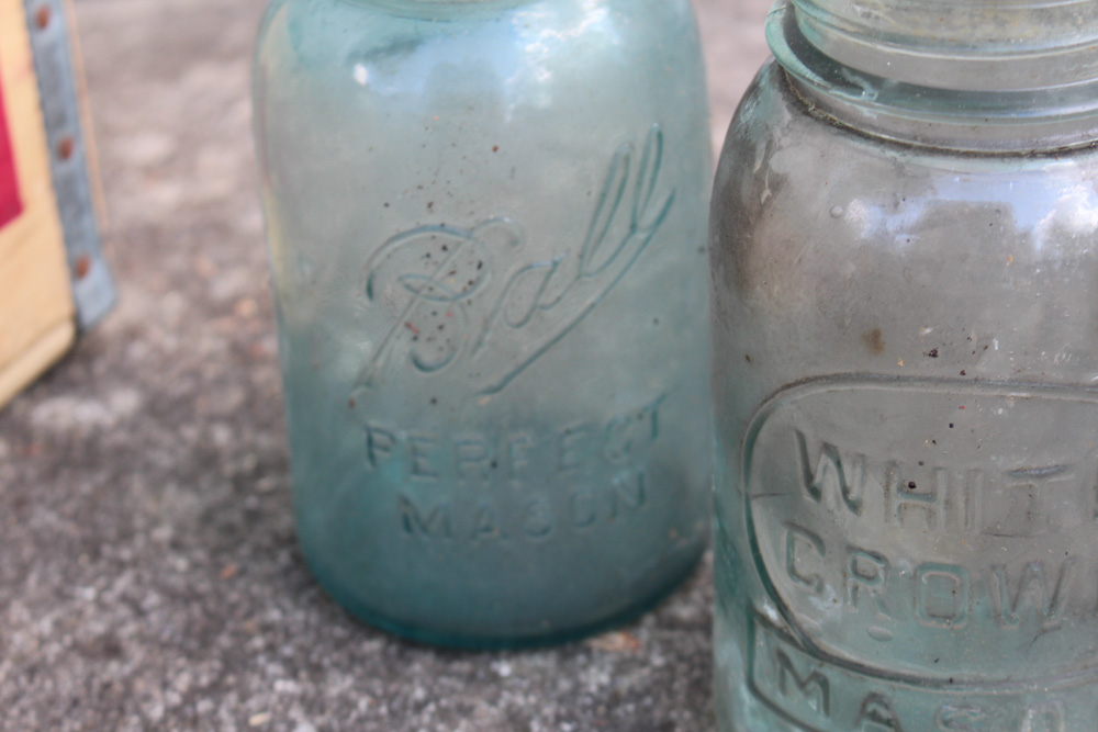 Antique and Vintage Mason Jars and Wooden Pepsi Box