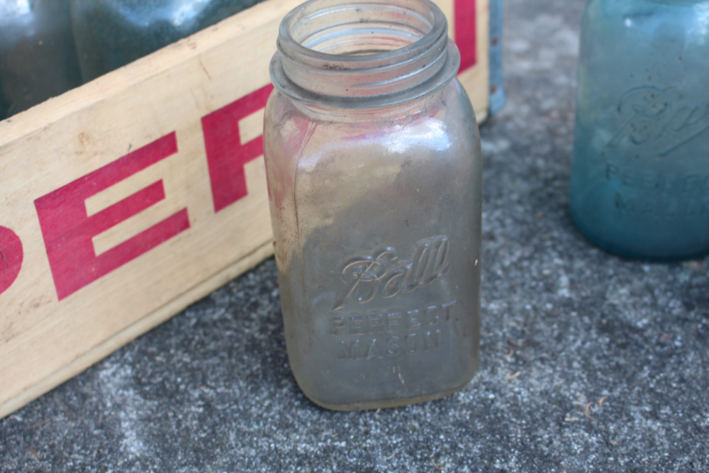 Antique and Vintage Mason Jars and Wooden Pepsi Box