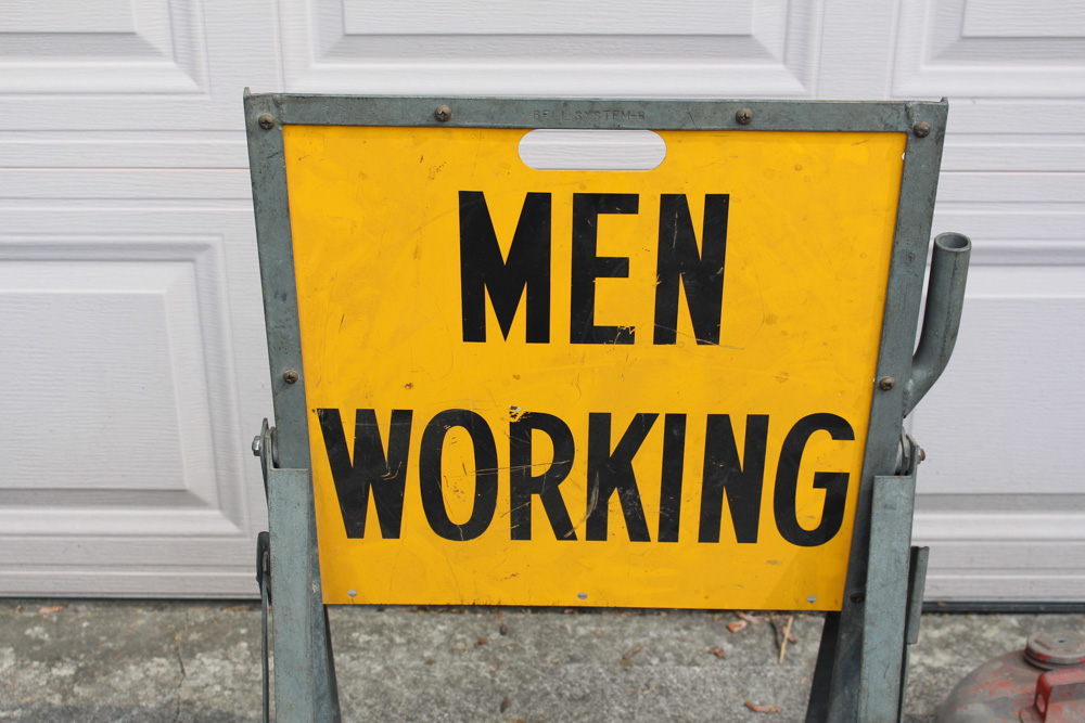 Vintage Metal "Men Working" Sign With Gas Can