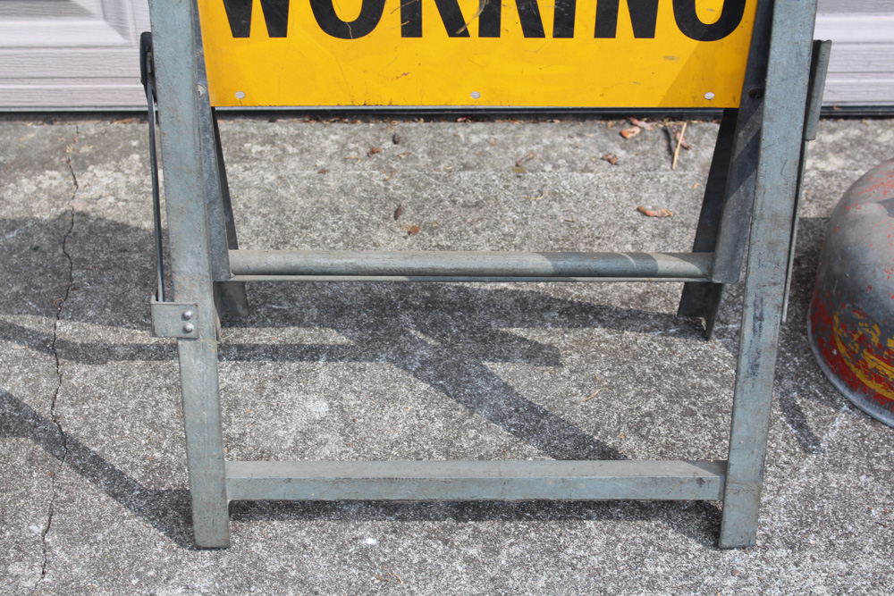 Vintage Metal "Men Working" Sign With Gas Can