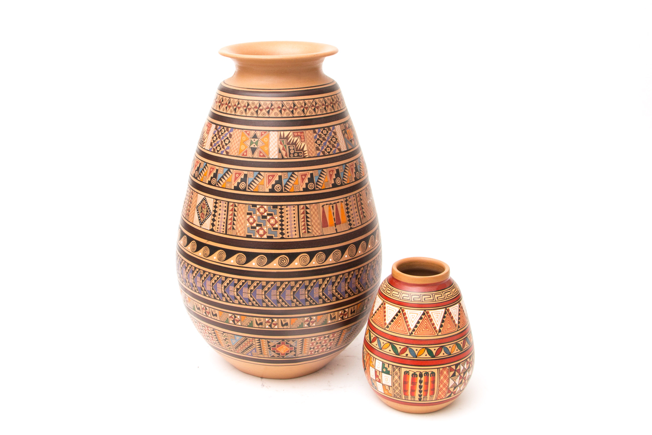 Pair Of Hand Painted Clay Vases