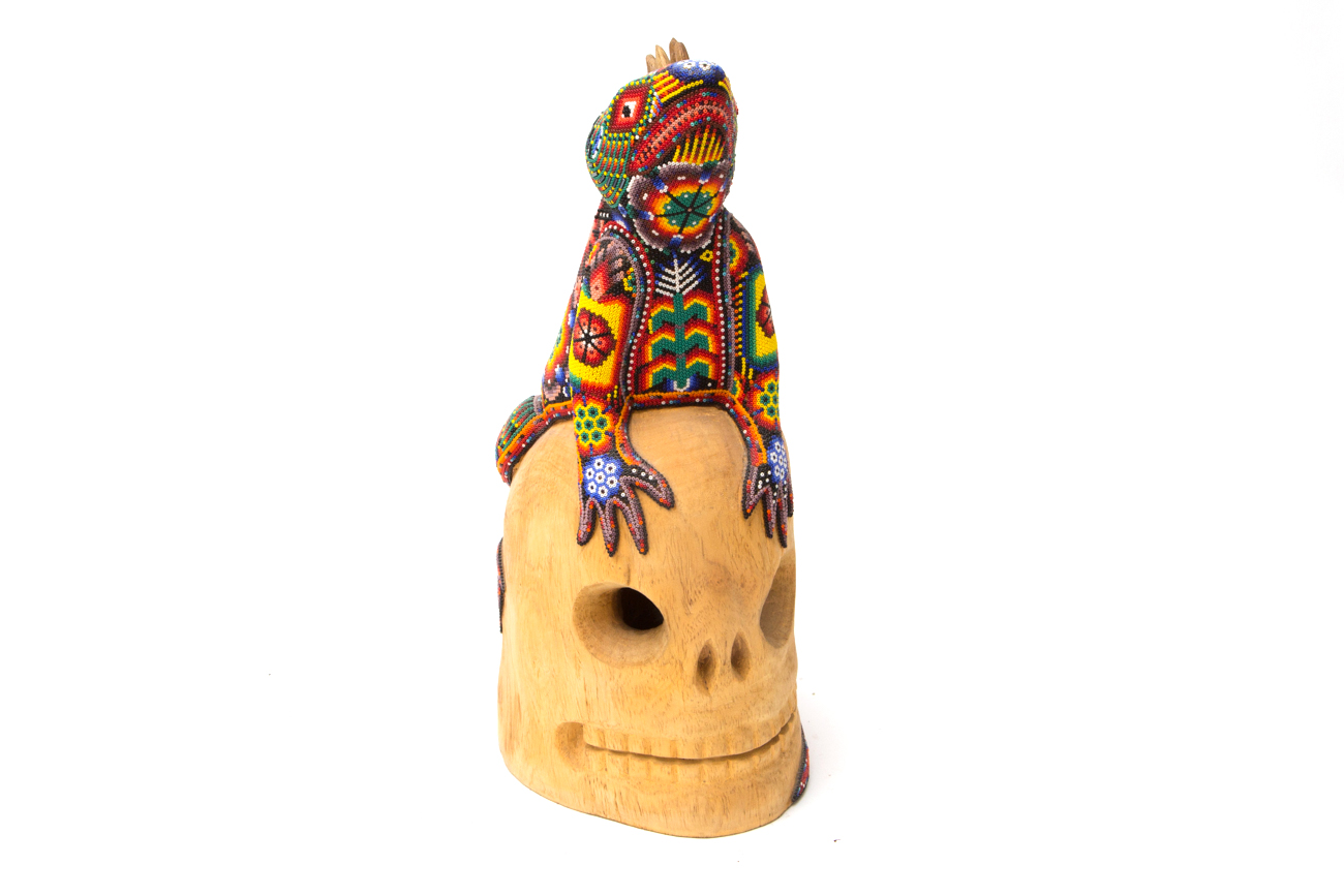 Wooden Skull With Hand Beaded Lizard By Florentino