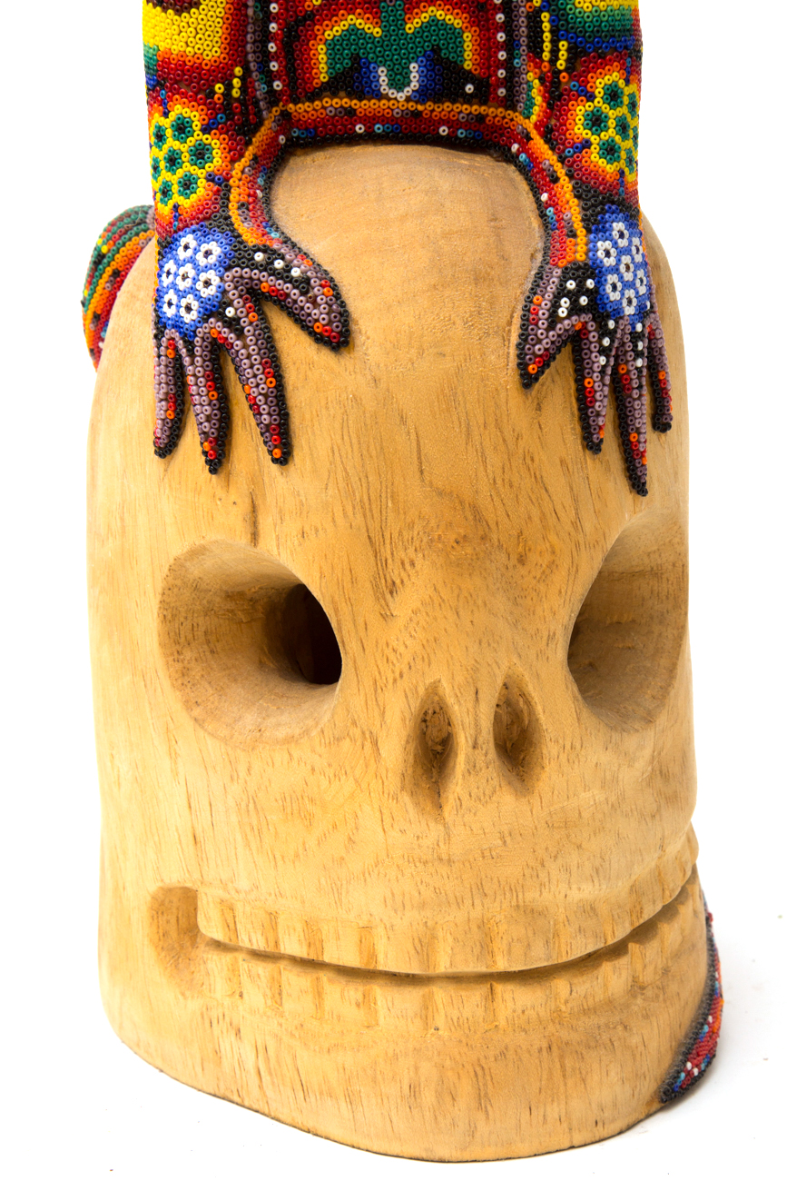 Wooden Skull With Hand Beaded Lizard By Florentino
