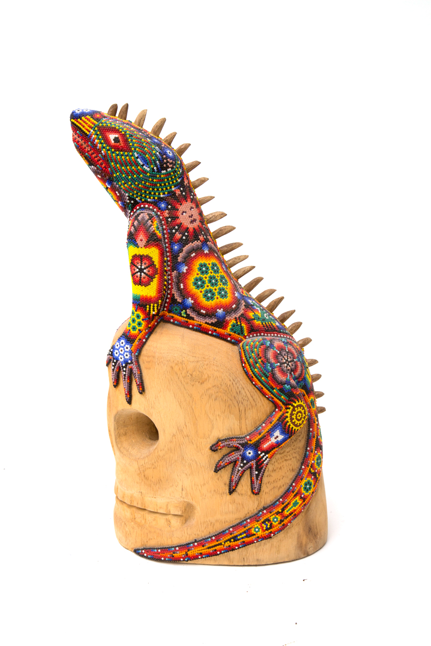 Wooden Skull With Hand Beaded Lizard By Florentino