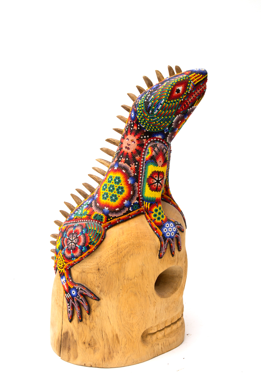 Wooden Skull With Hand Beaded Lizard By Florentino