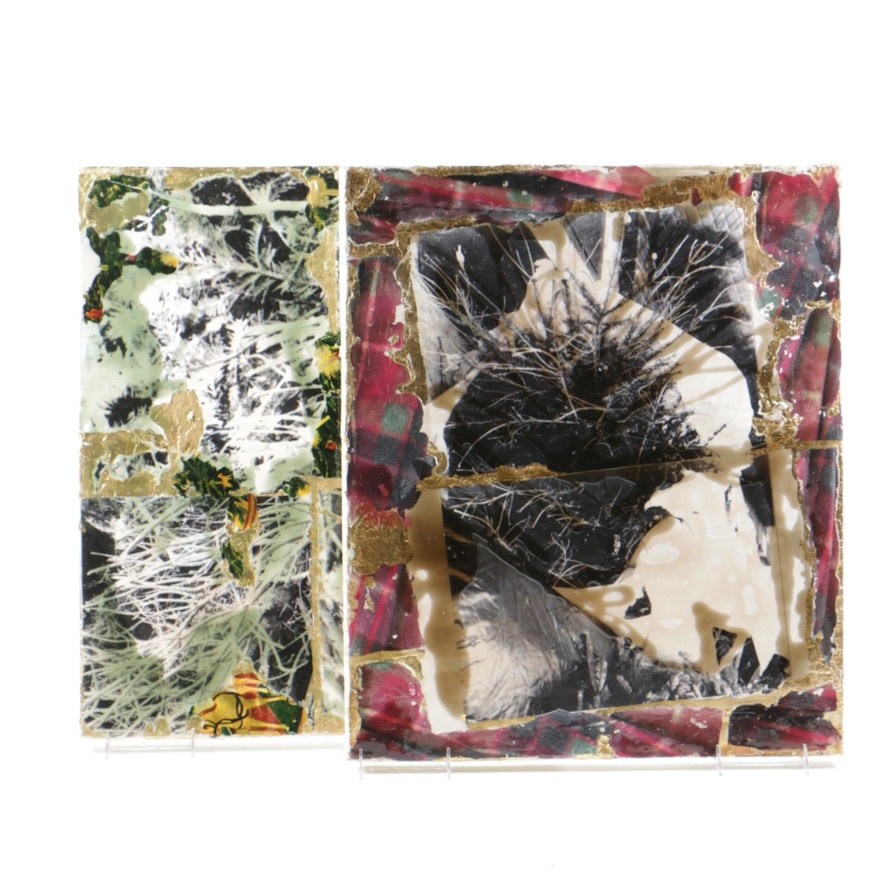 Two Signed Mixed Media Collages on Canvas "Dead Christmas Tree #1" and "Dead Christmas Tree #2"