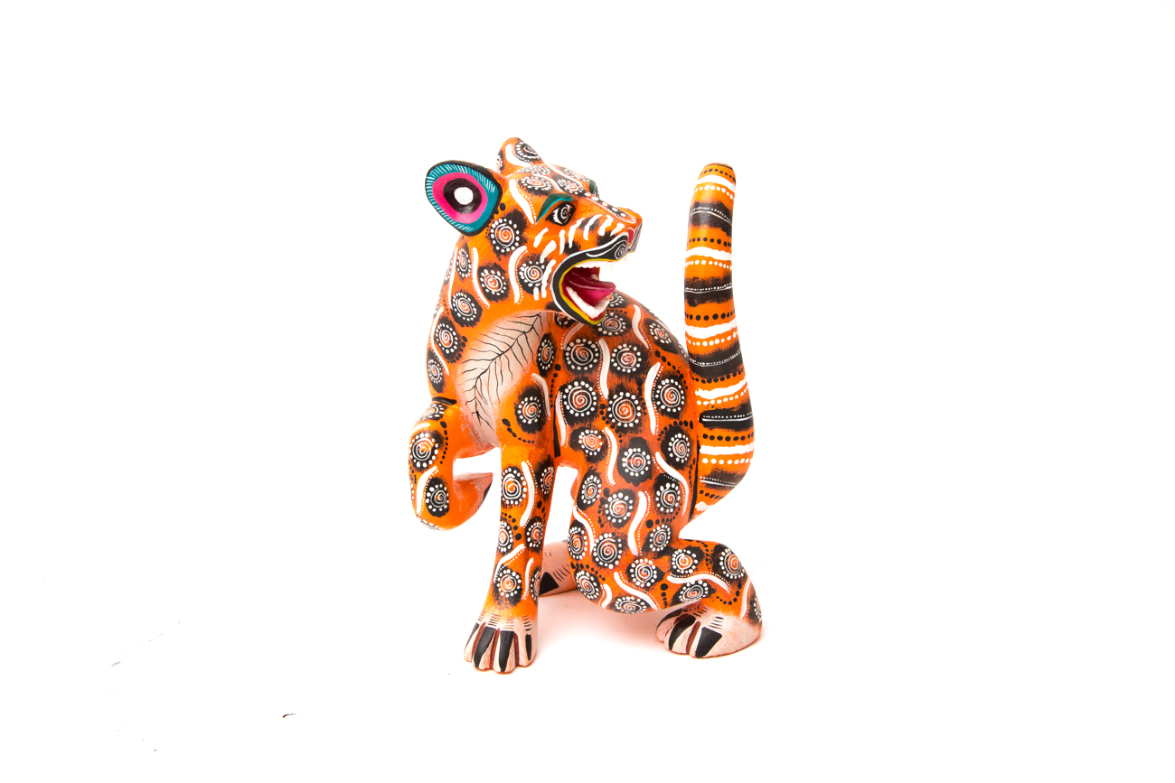 Manuel Cruz Prudencio Oaxacan Hand Painted Wood Carving Of A Cat