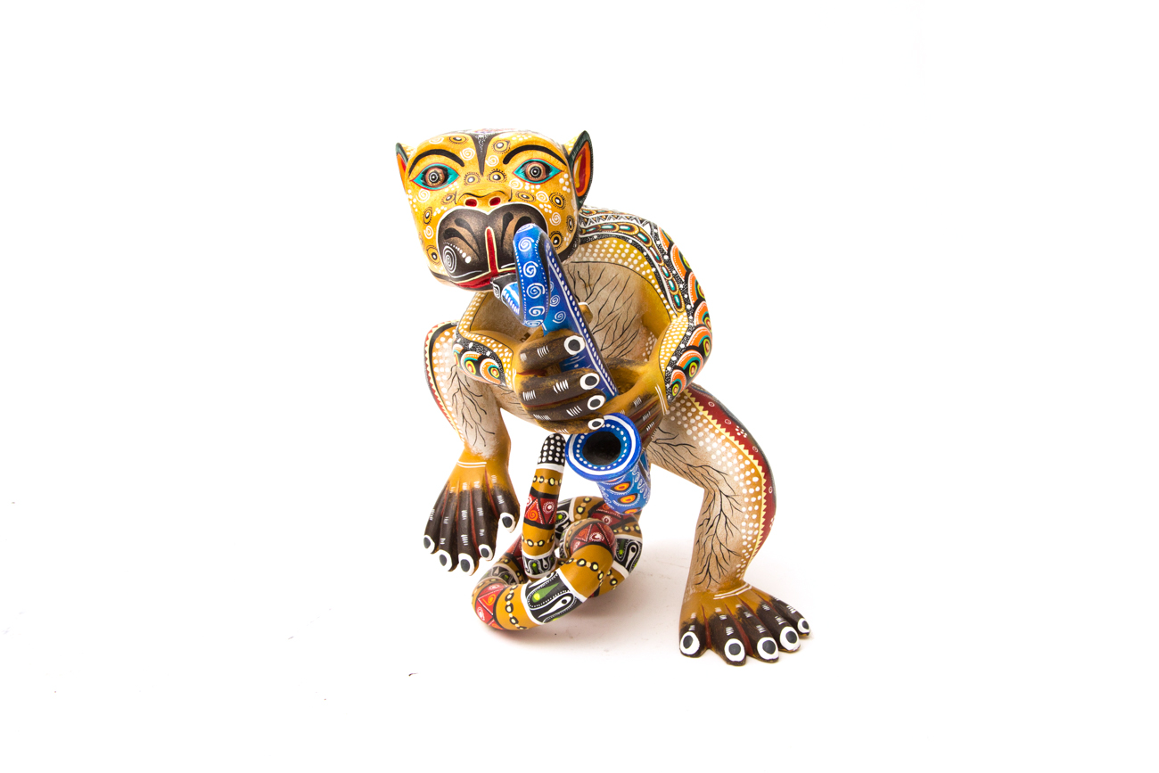 Manuel Cruz Prudencio Oaxacan Hand Painted Wood Carving Of Saxophone Playing Monkey