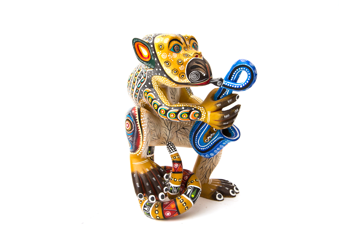 Manuel Cruz Prudencio Oaxacan Hand Painted Wood Carving Of Saxophone Playing Monkey