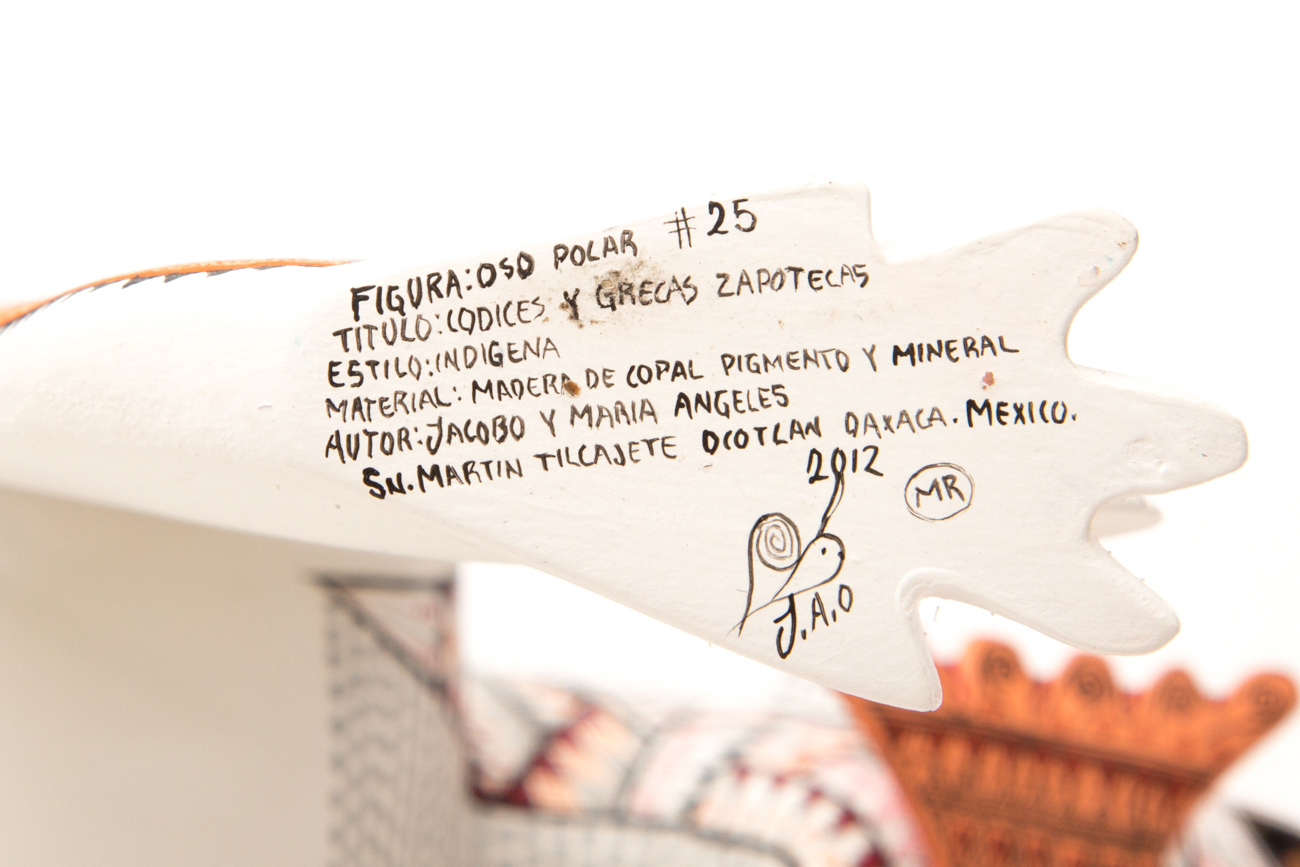 Jacobo + Maria Angeles Oaxacan Painted Wood Carving Of Polar Bear