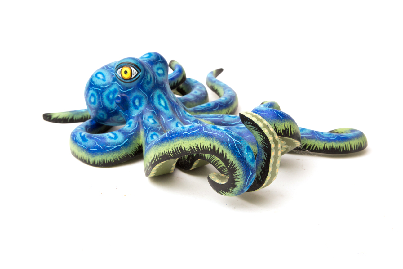 Eleazar Morales Oaxacan Hand Painted Wood Carving Of An Octopus
