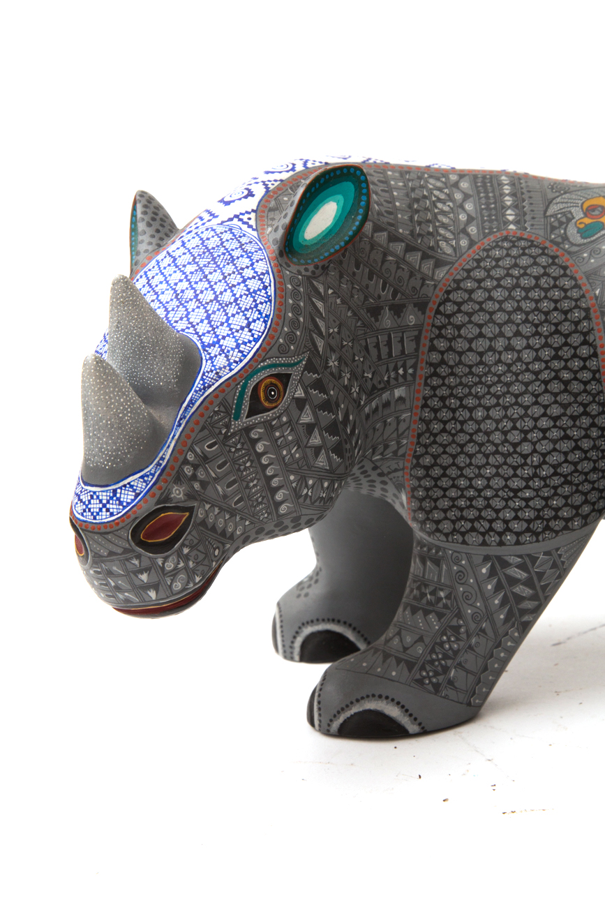 Jacobo + Maria Angeles Oaxacan Painted Wood Carving Of A Rhino