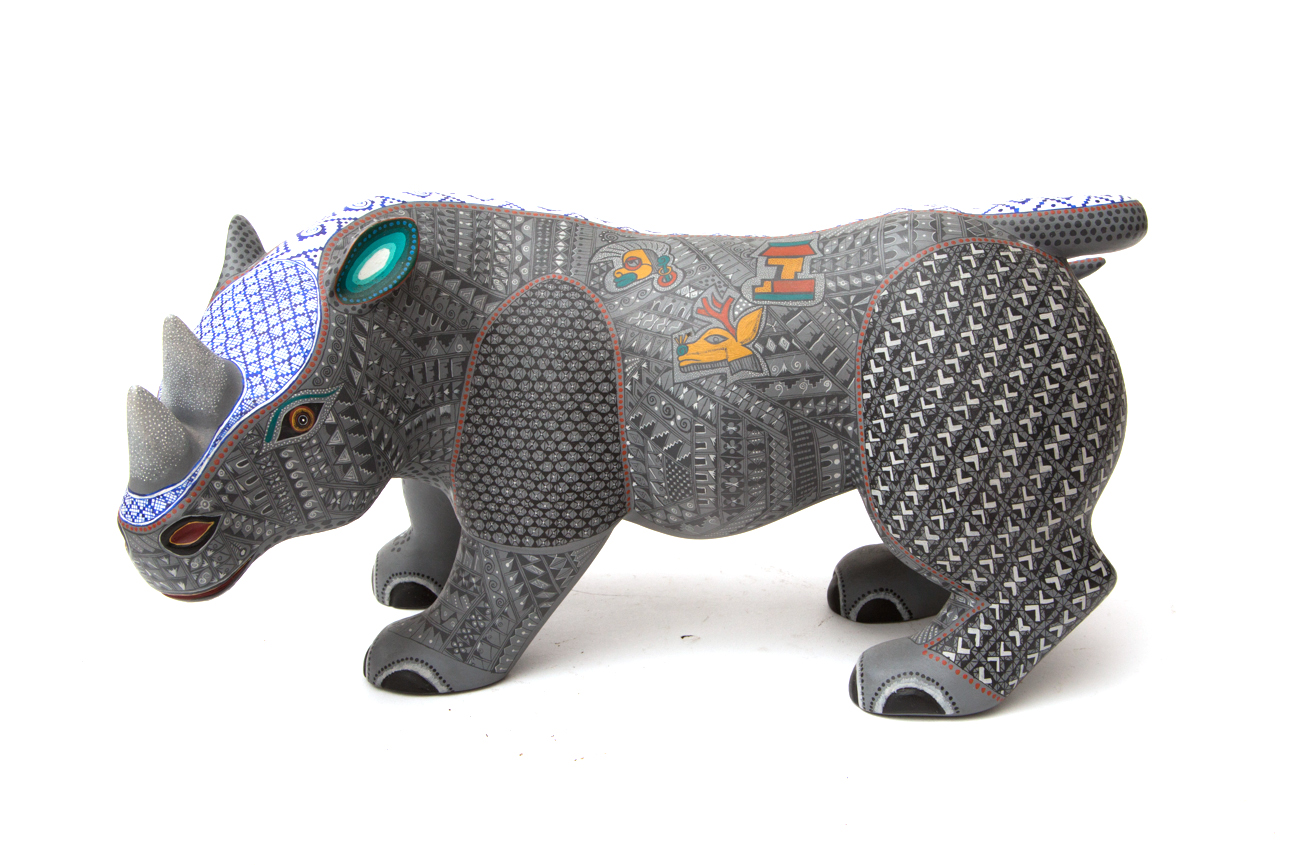 Jacobo + Maria Angeles Oaxacan Painted Wood Carving Of A Rhino