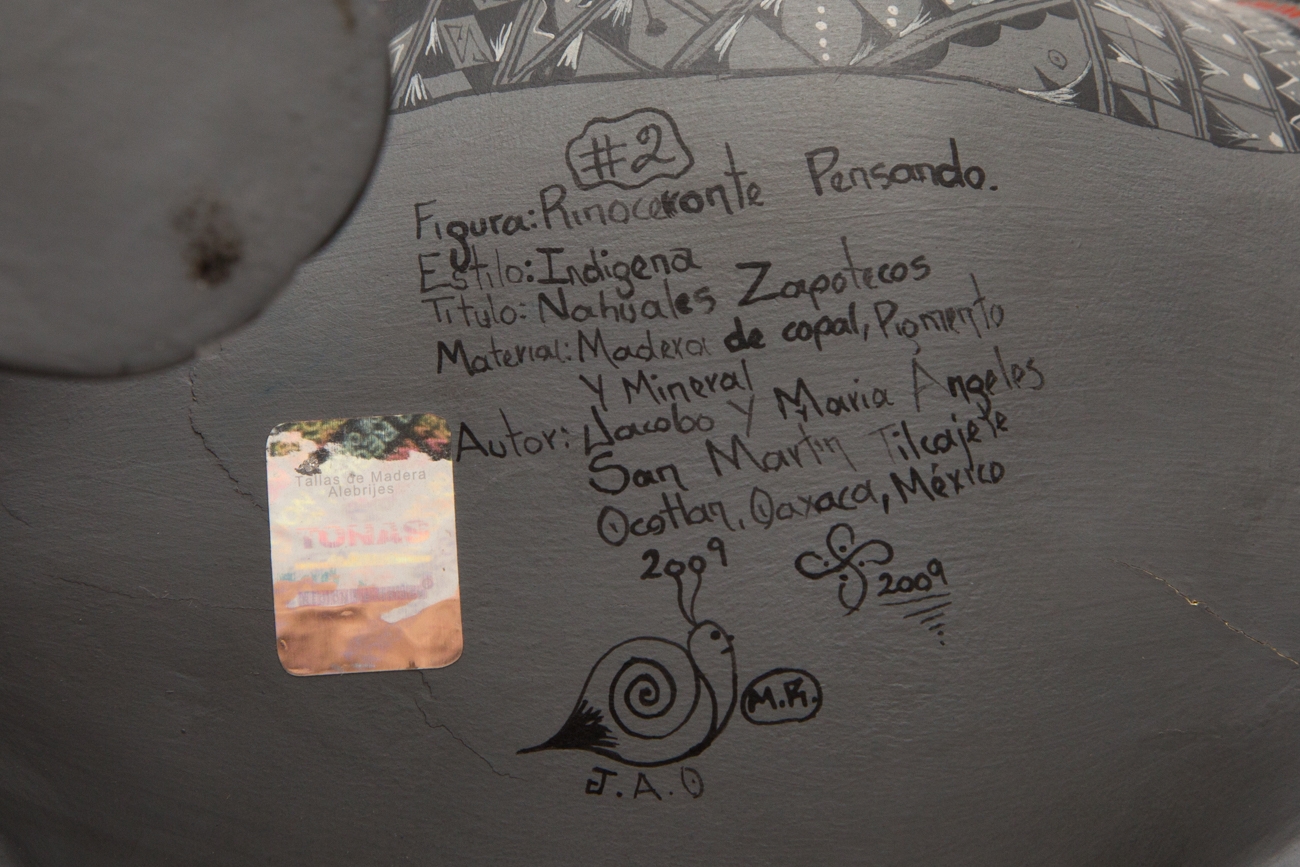 Jacobo + Maria Angeles Oaxacan Painted Wood Carving Of A Rhino