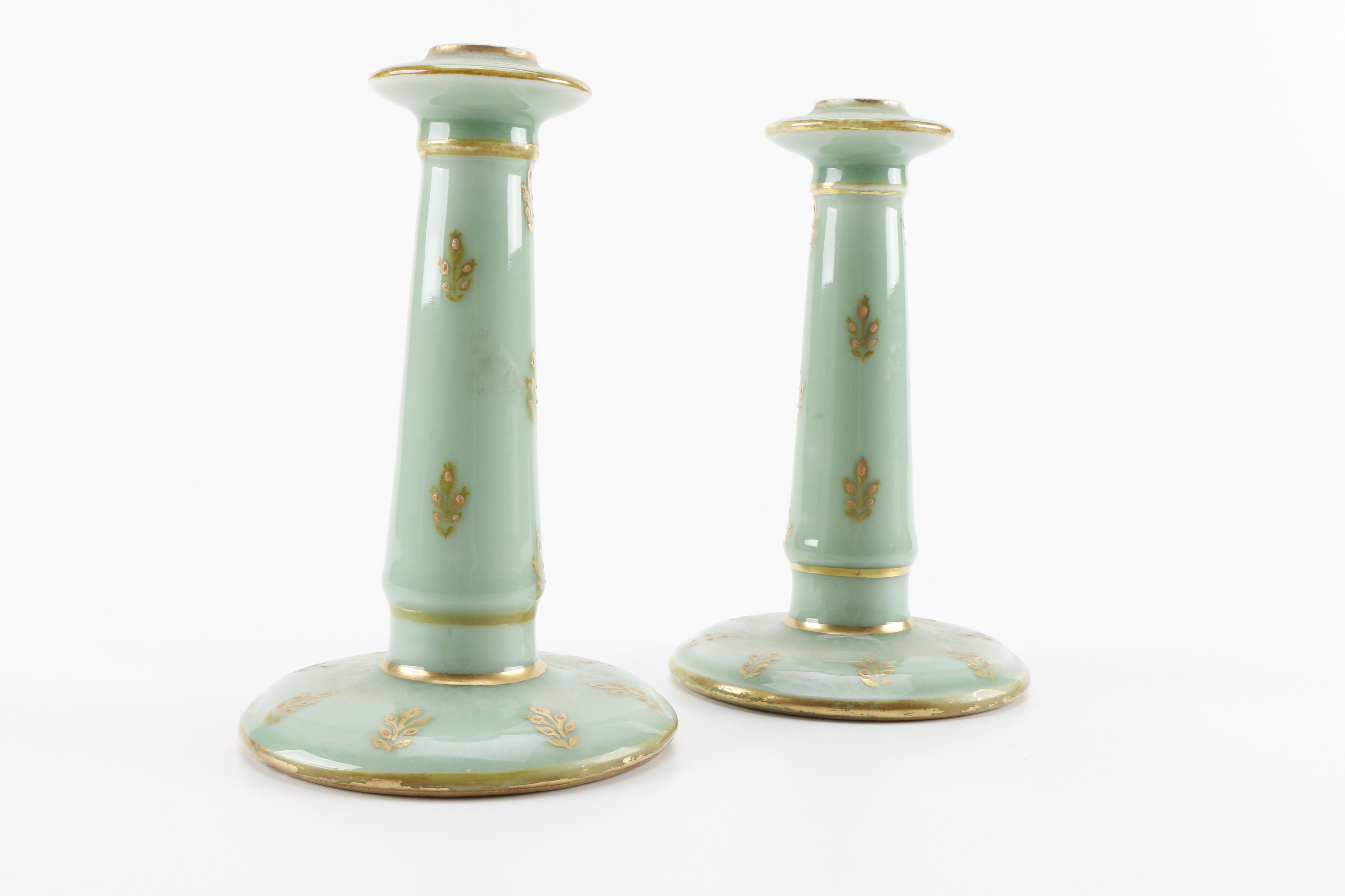 Pair of Green and Gold-Tone Ceramic Candlesticks