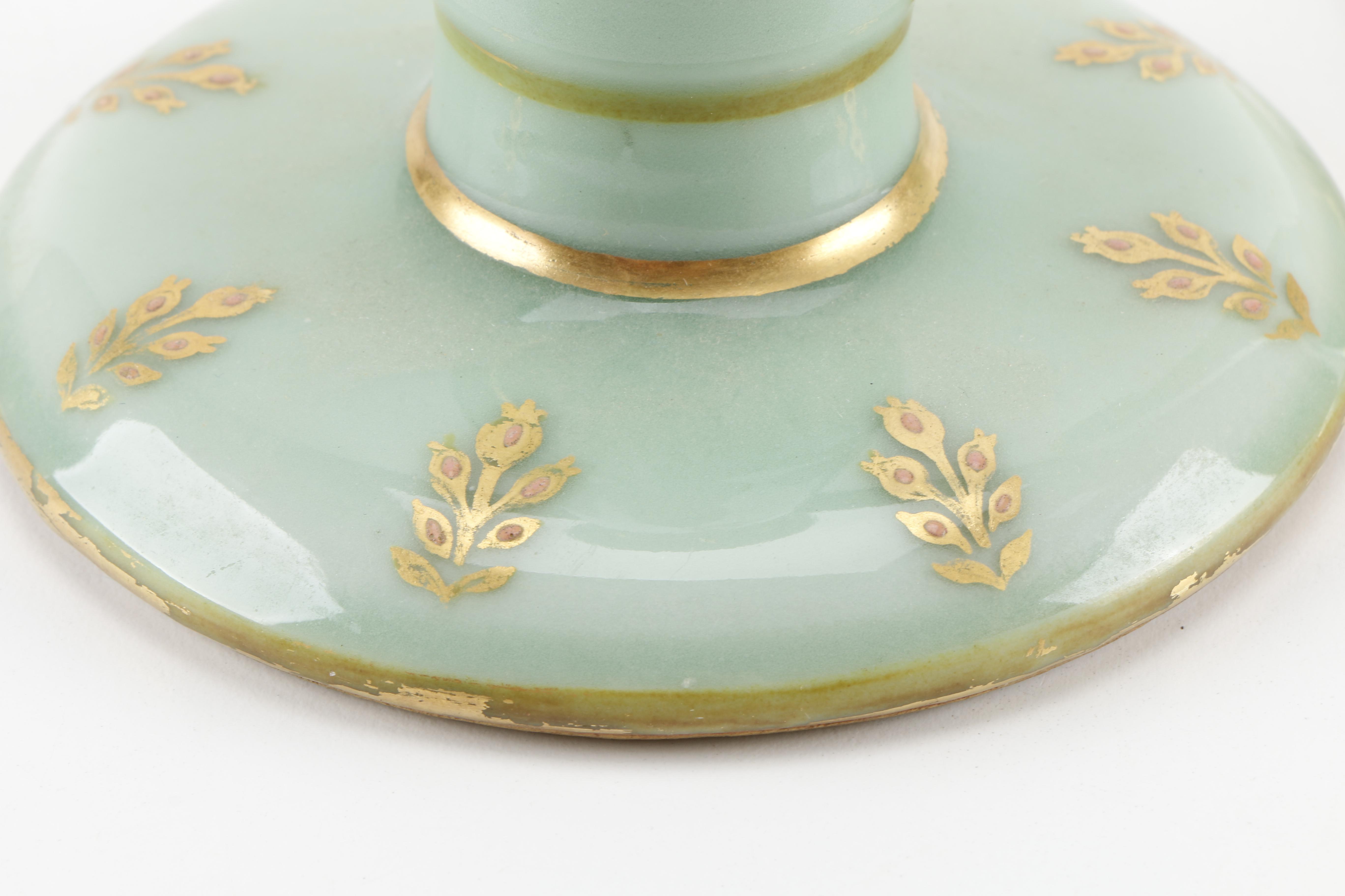 Pair of Green and Gold-Tone Ceramic Candlesticks