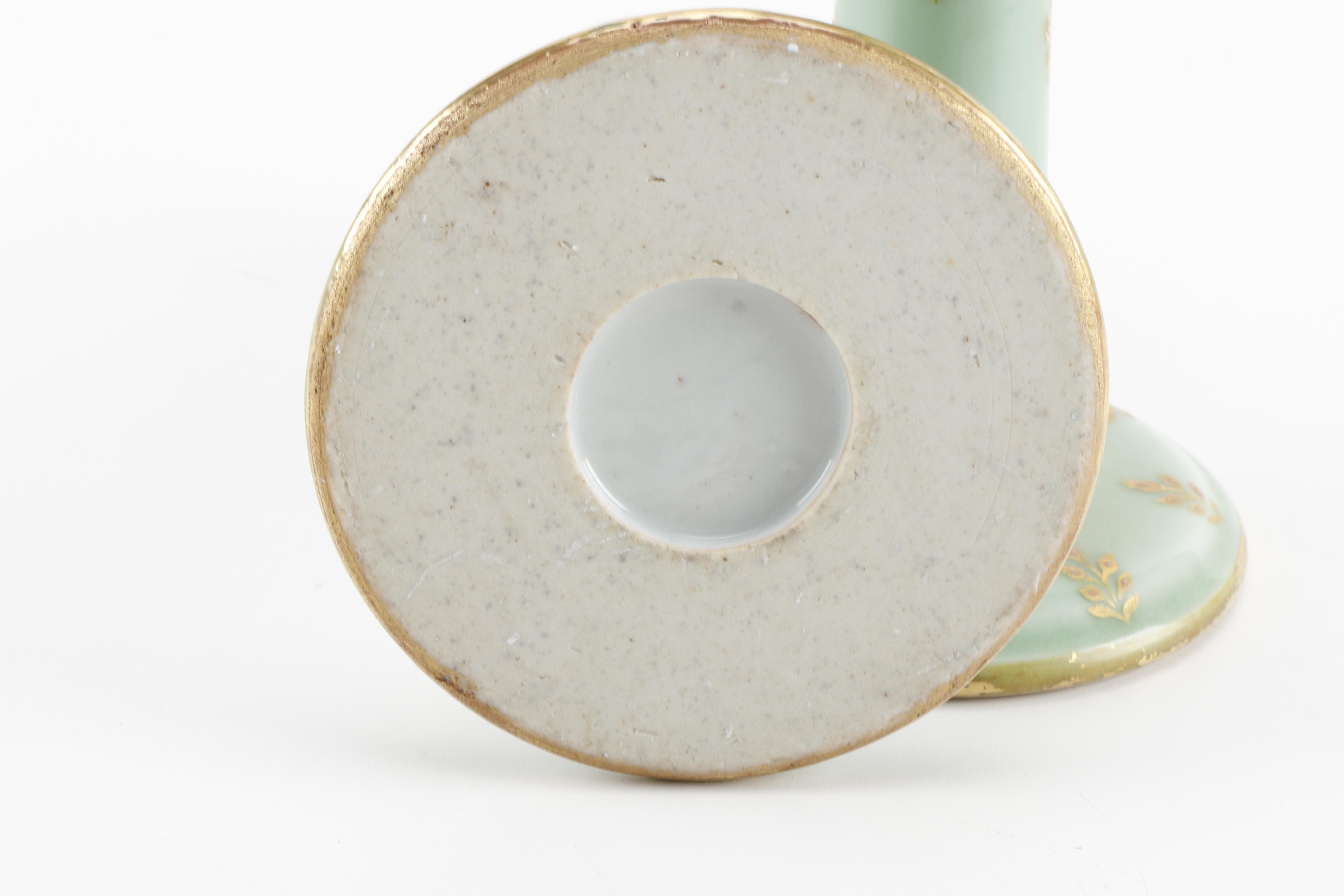 Pair of Green and Gold-Tone Ceramic Candlesticks