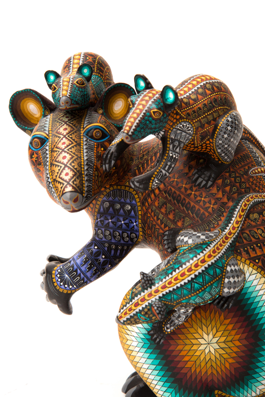 Jacobo + Maria Angeles Oaxacan Painted Wood Carving Of Rat Family