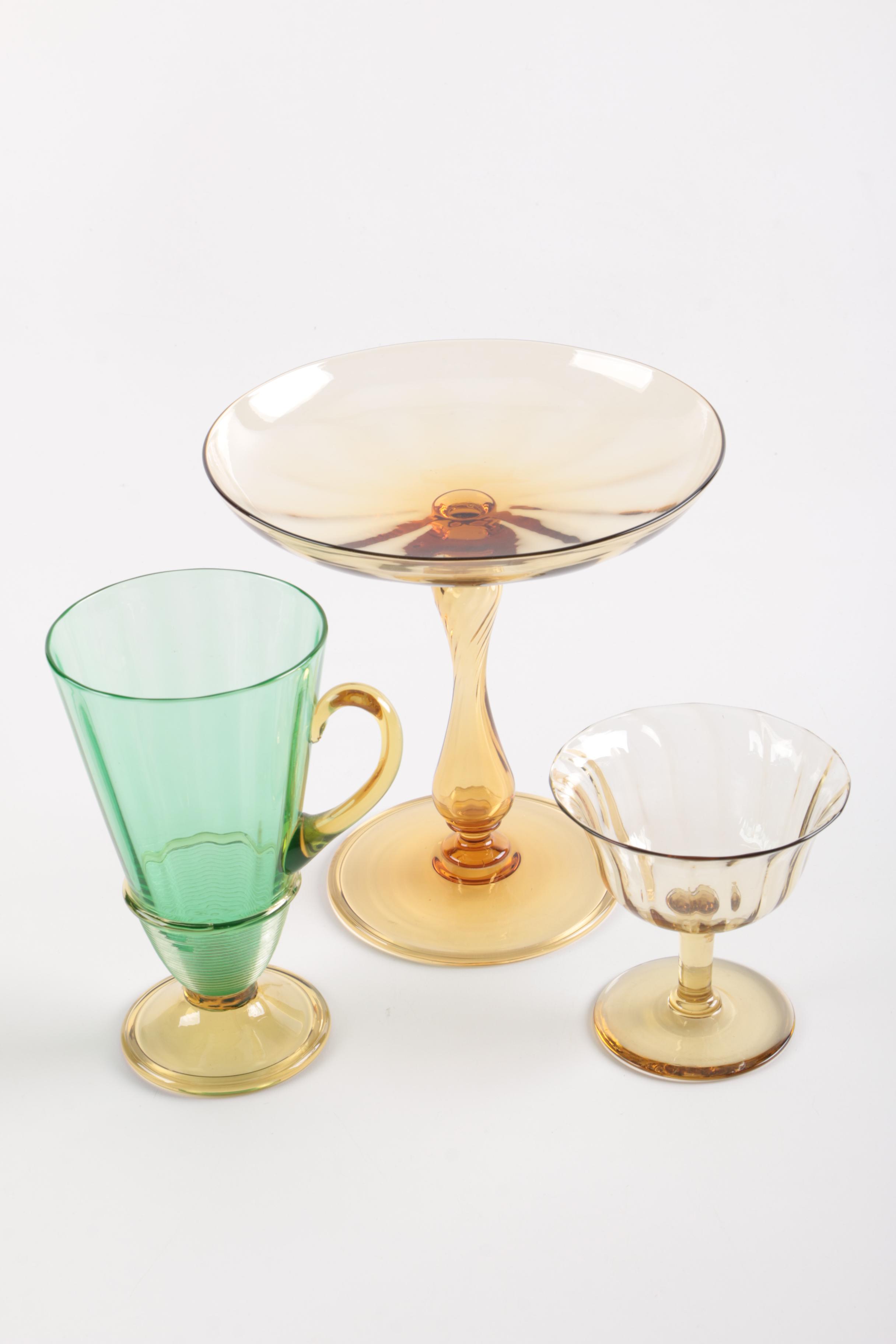 Handmade Blown Glass Compote and Glasses