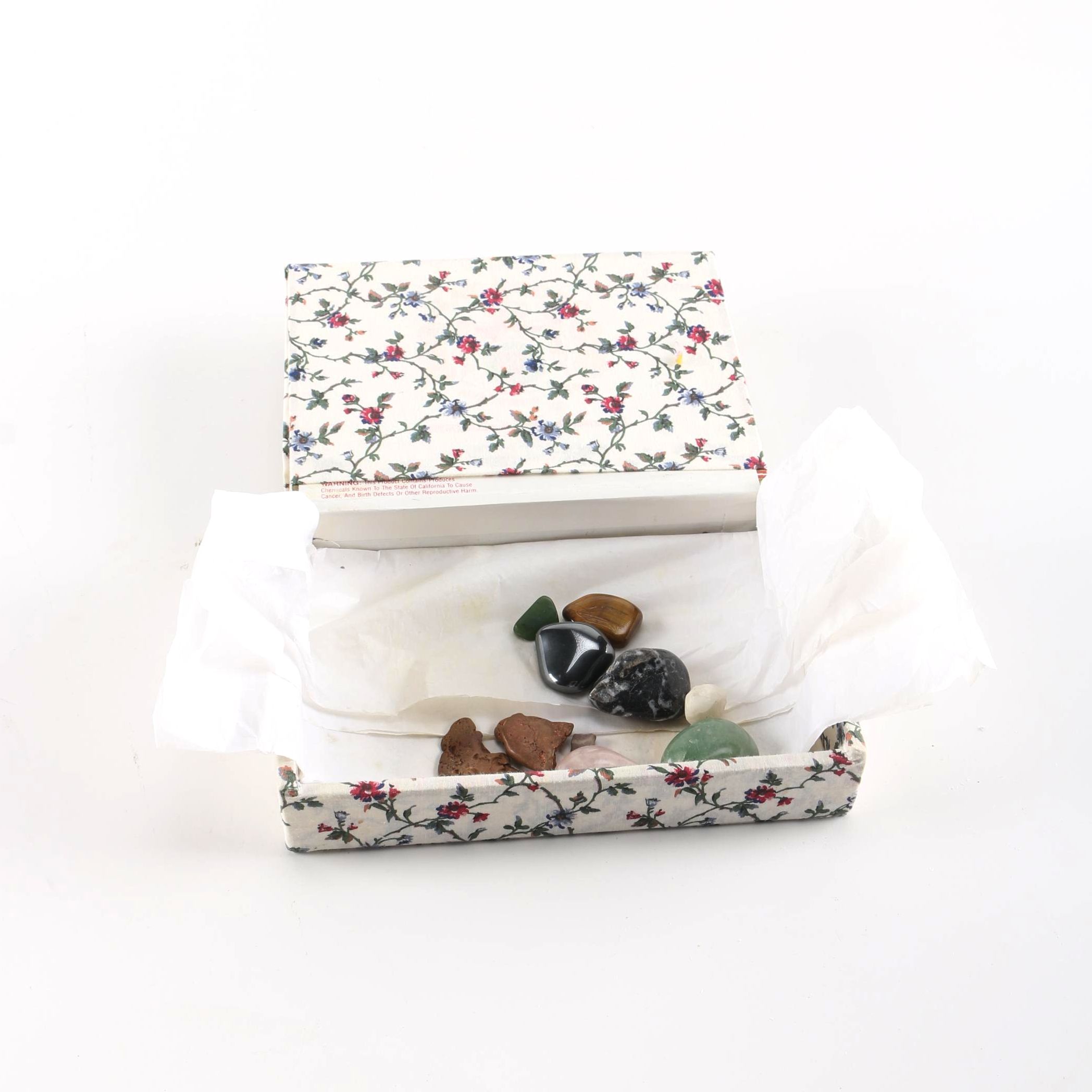 Floral Fabric Box with Assorted Geologic Specimens