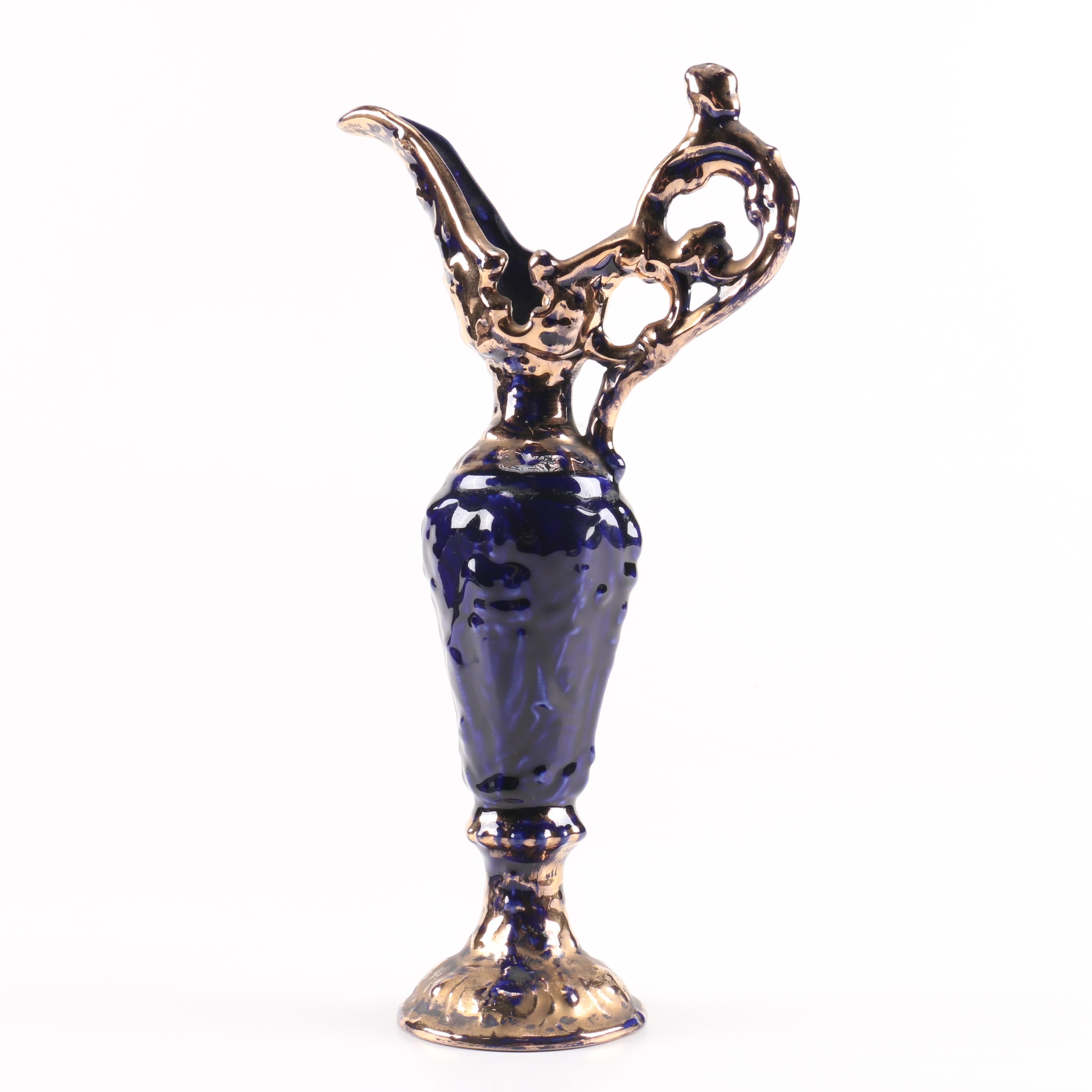 22kt Gold Finished Cobalt Blue Ceramic Pitcher
