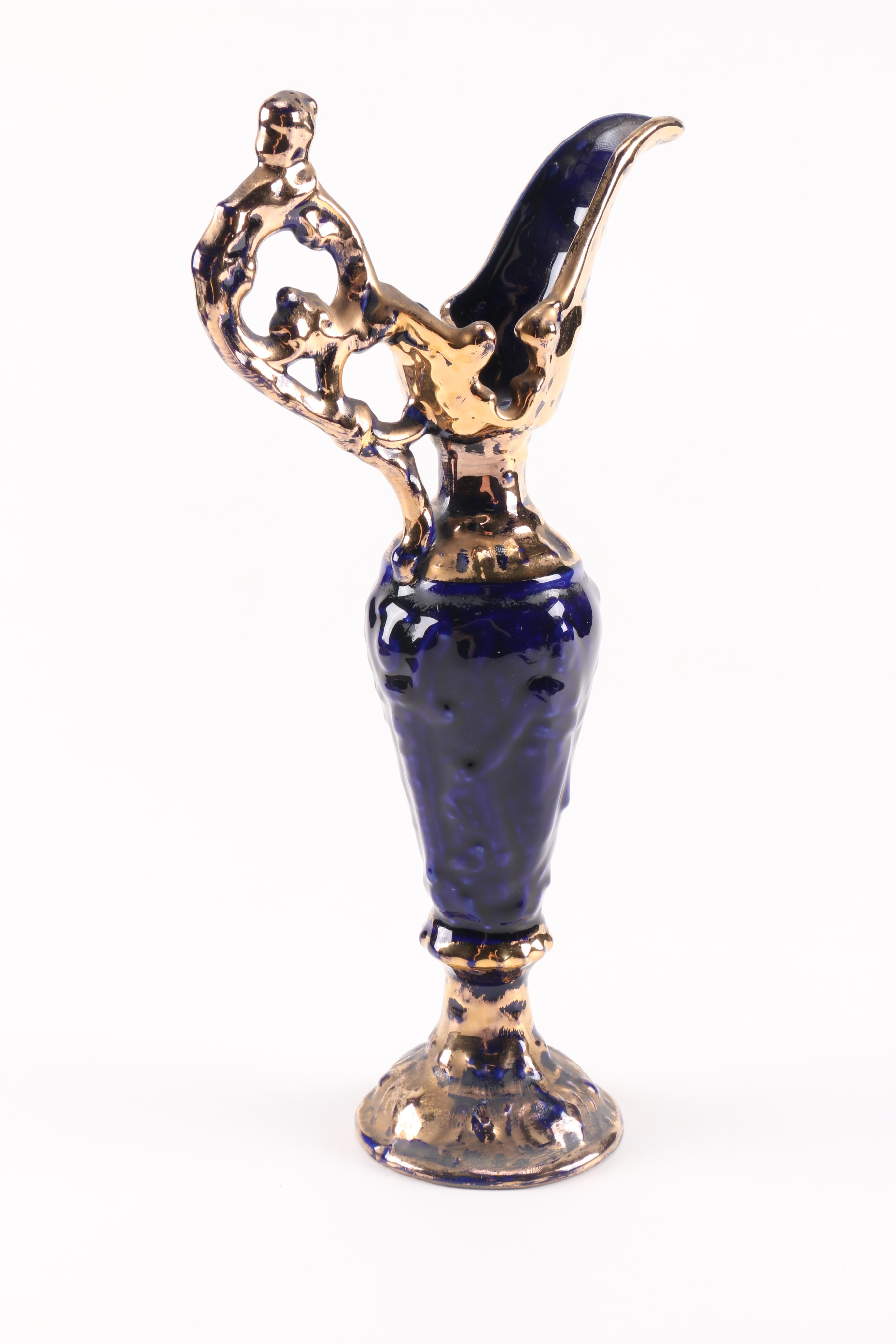 22kt Gold Finished Cobalt Blue Ceramic Pitcher