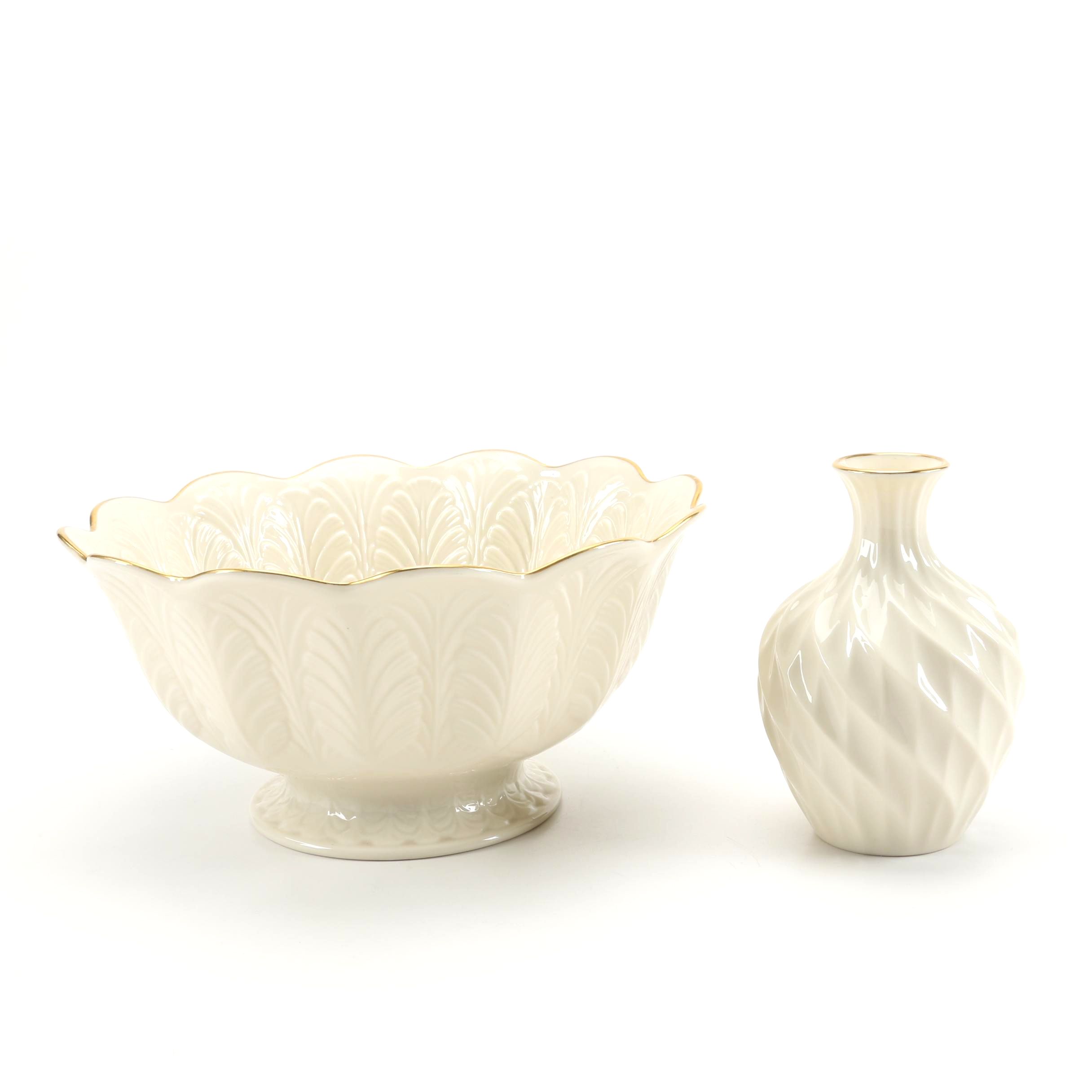 White Ceramic Lenox Vase and Bowl