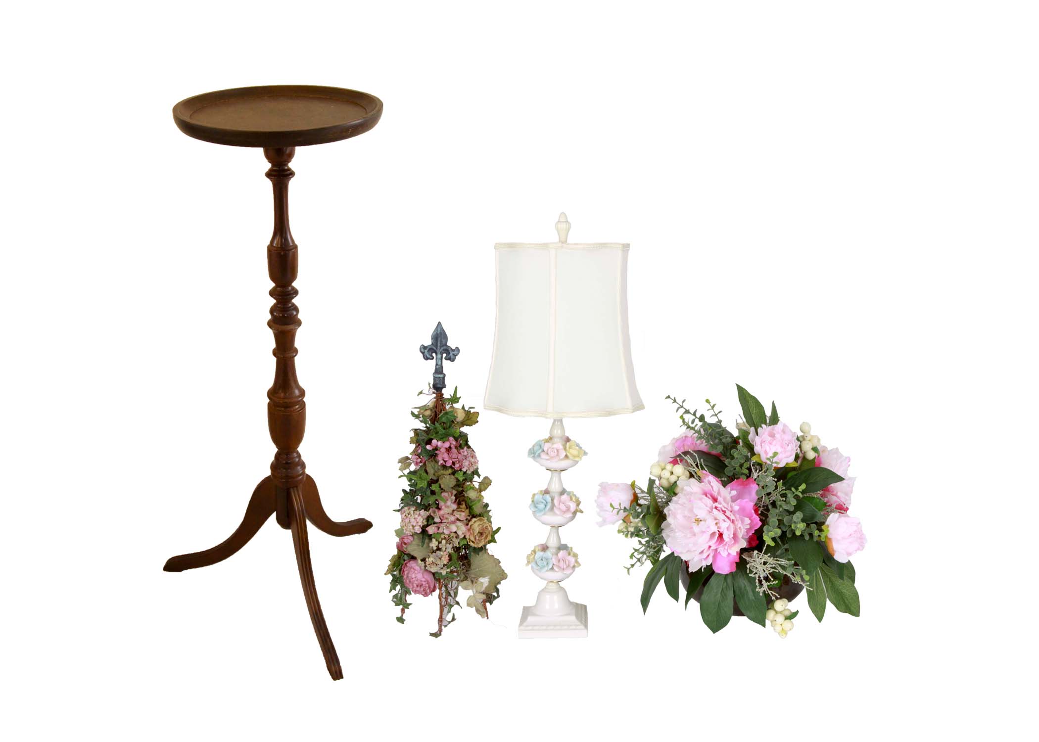Assorted Floral Decor Including a Lamp and Plant Stand