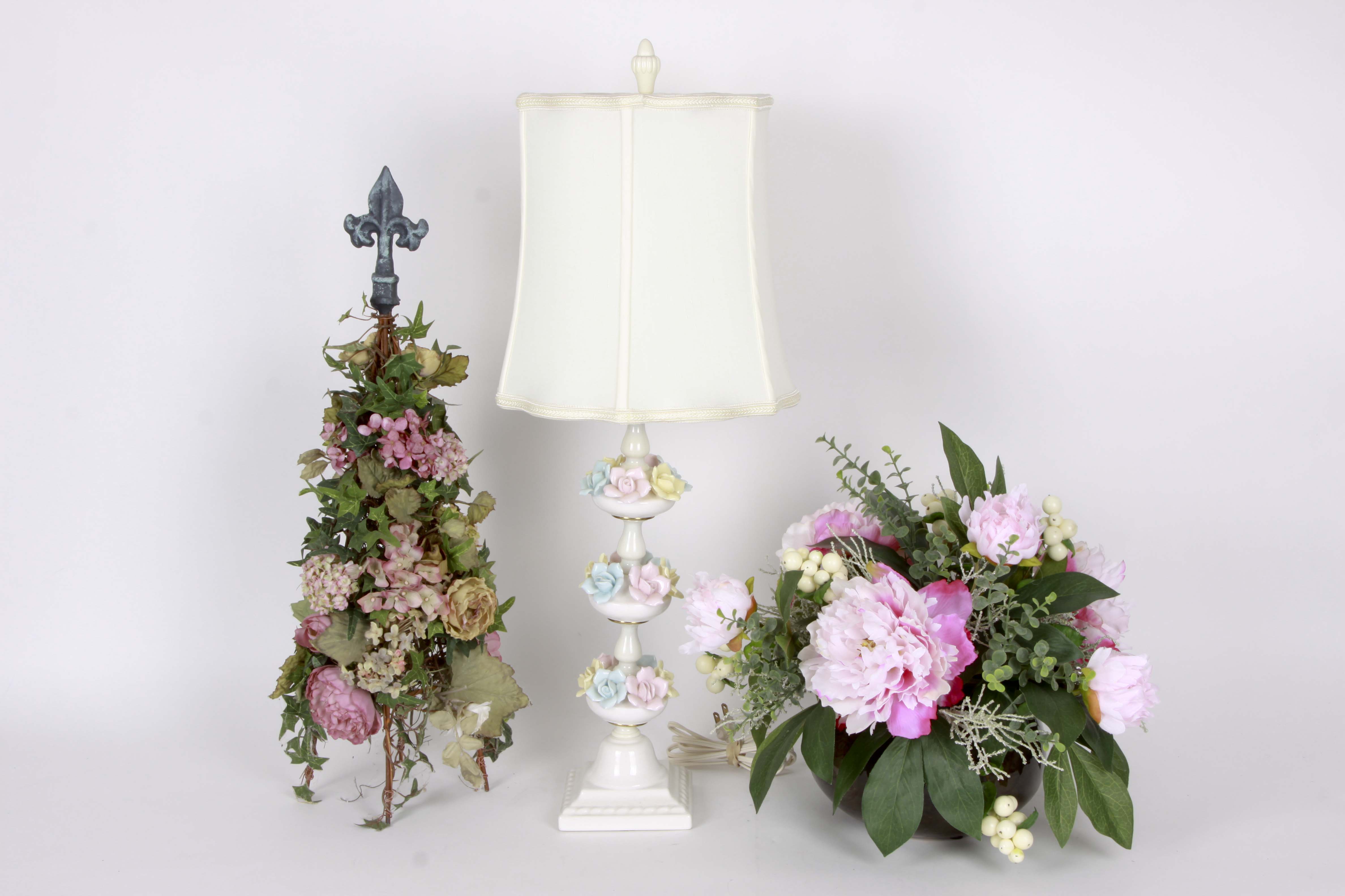 Assorted Floral Decor Including a Lamp and Plant Stand