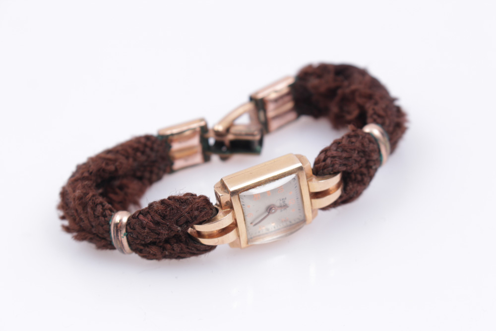 Vintage 18K Rose Gold Watch on Hair Over Cord Band