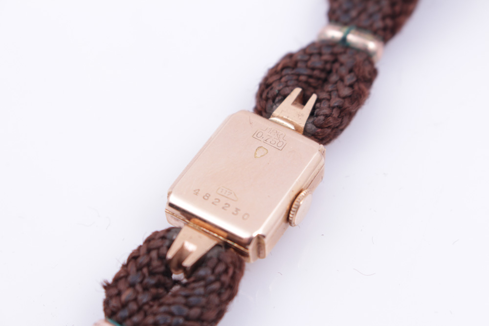 Vintage 18K Rose Gold Watch on Hair Over Cord Band