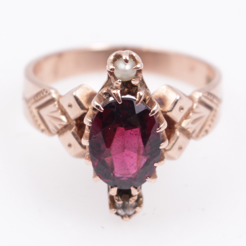 Victorian 10K Rose Gold Ring With Seed Pearls And Garnet Glass