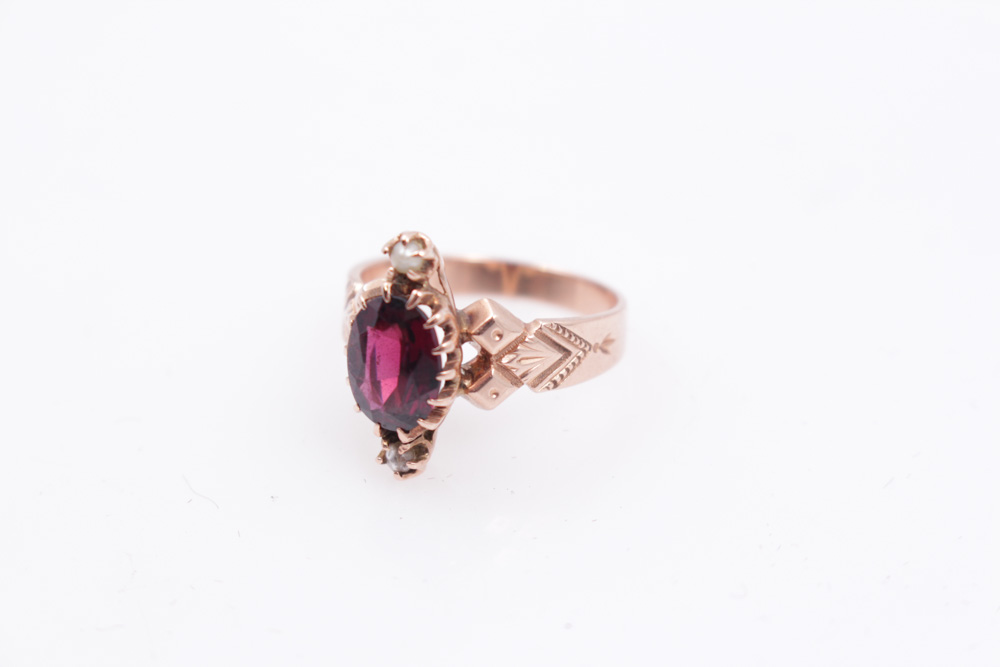 Victorian 10K Rose Gold Ring With Seed Pearls And Garnet Glass