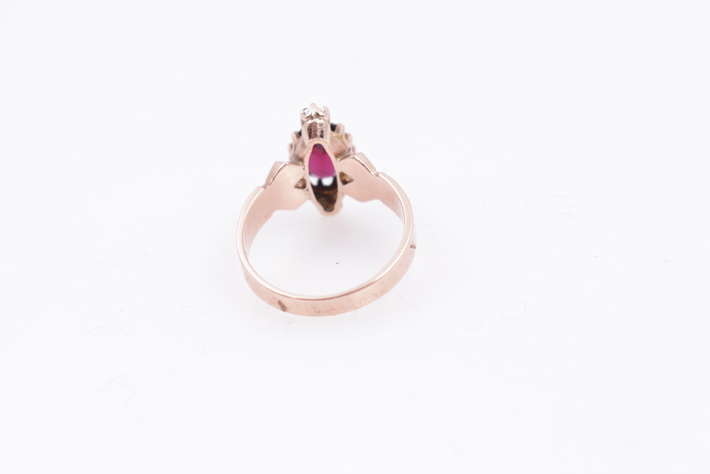 Victorian 10K Rose Gold Ring With Seed Pearls And Garnet Glass