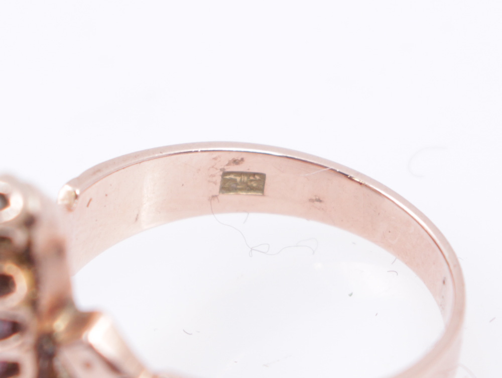 Victorian 10K Rose Gold Ring With Seed Pearls And Garnet Glass