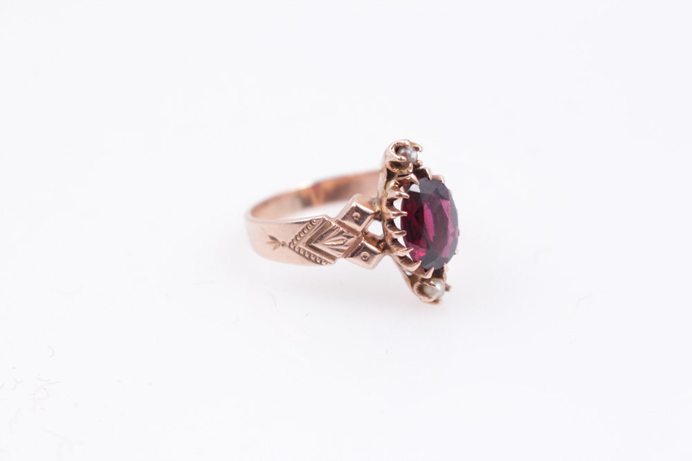 Victorian 10K Rose Gold Ring With Seed Pearls And Garnet Glass