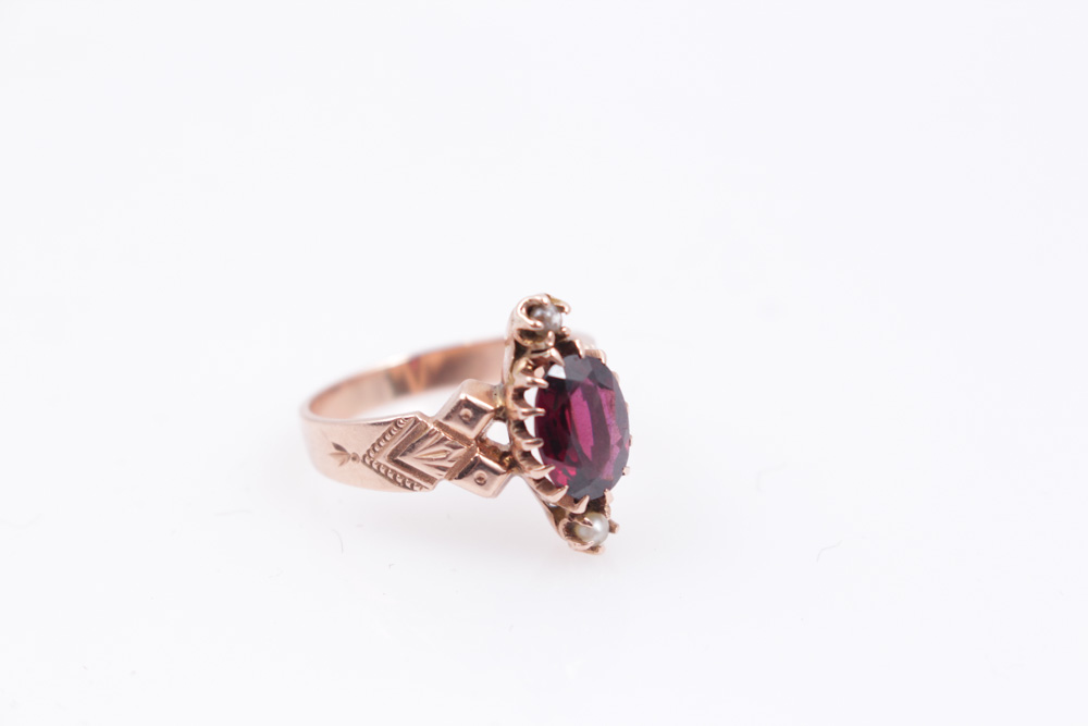 Victorian 10K Rose Gold Ring With Seed Pearls And Garnet Glass