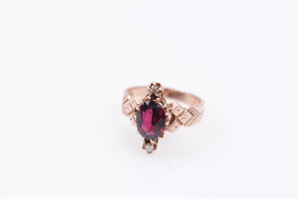 Victorian 10K Rose Gold Ring With Seed Pearls And Garnet Glass