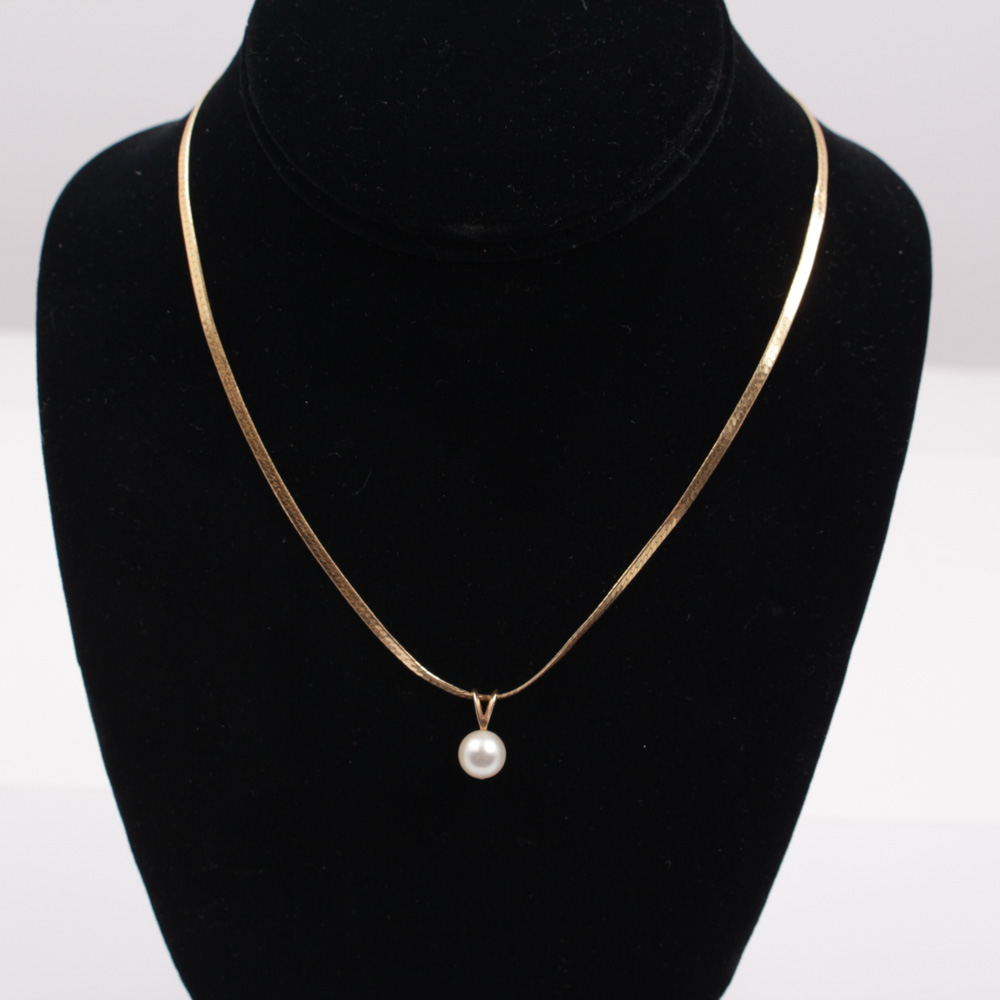 14K Yellow Gold Necklace With Cultured Pearl Slide Pendant