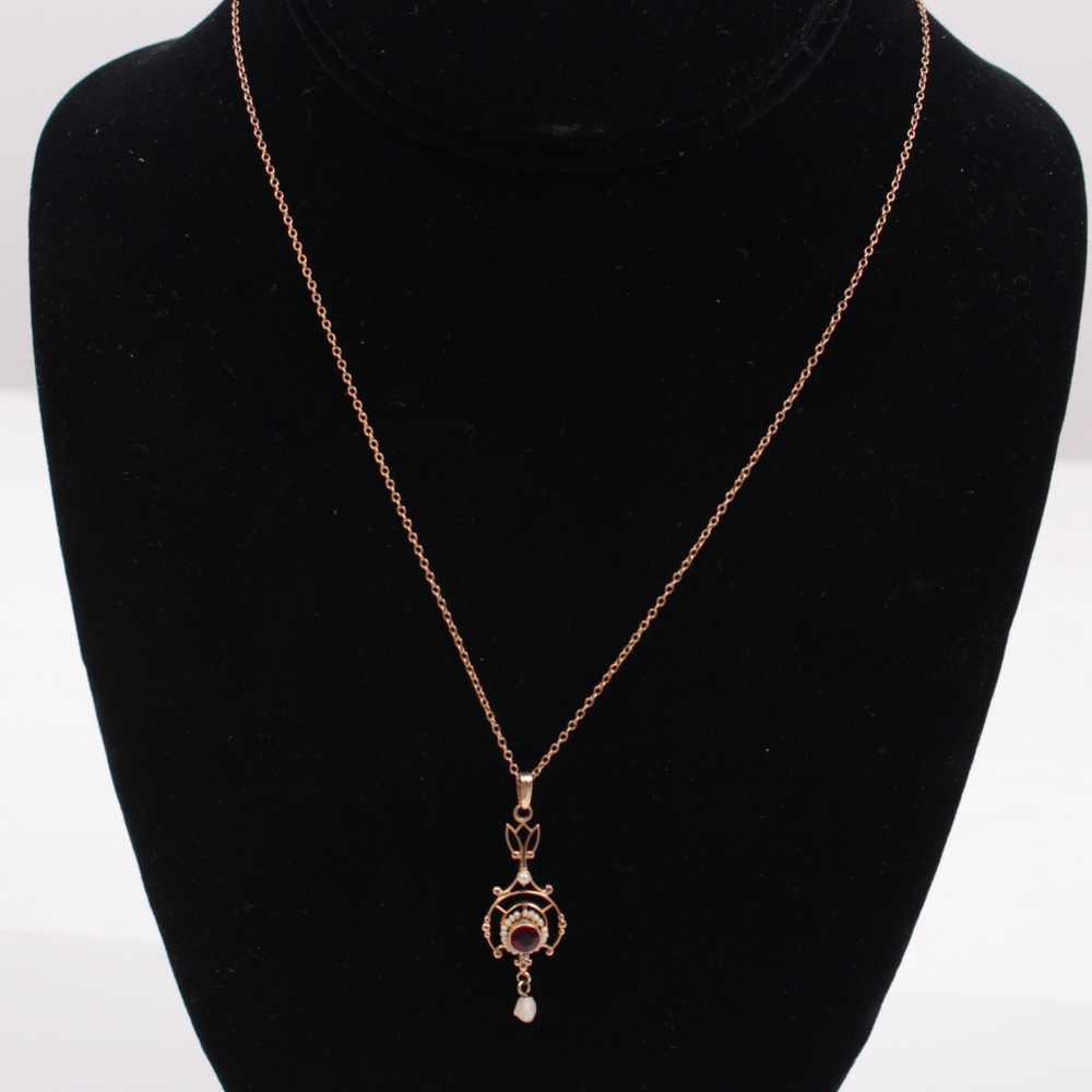 10K Rose Gold Necklace With Synthetic Spinel and Seed Pearl Pendant