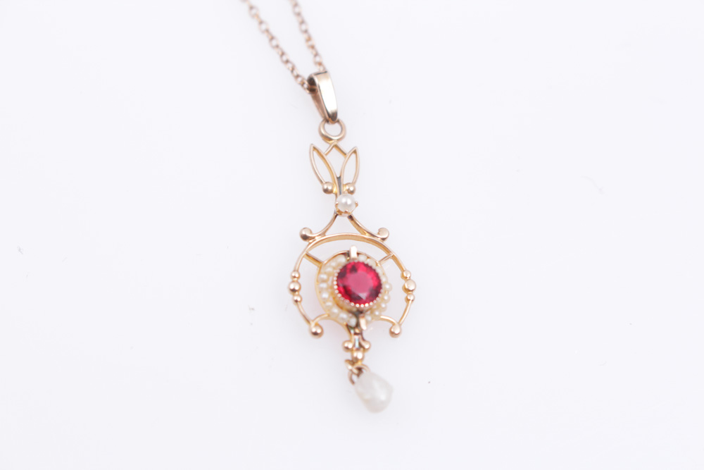 10K Rose Gold Necklace With Synthetic Spinel and Seed Pearl Pendant