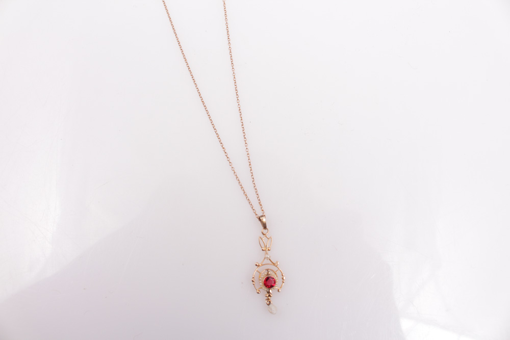 10K Rose Gold Necklace With Synthetic Spinel and Seed Pearl Pendant