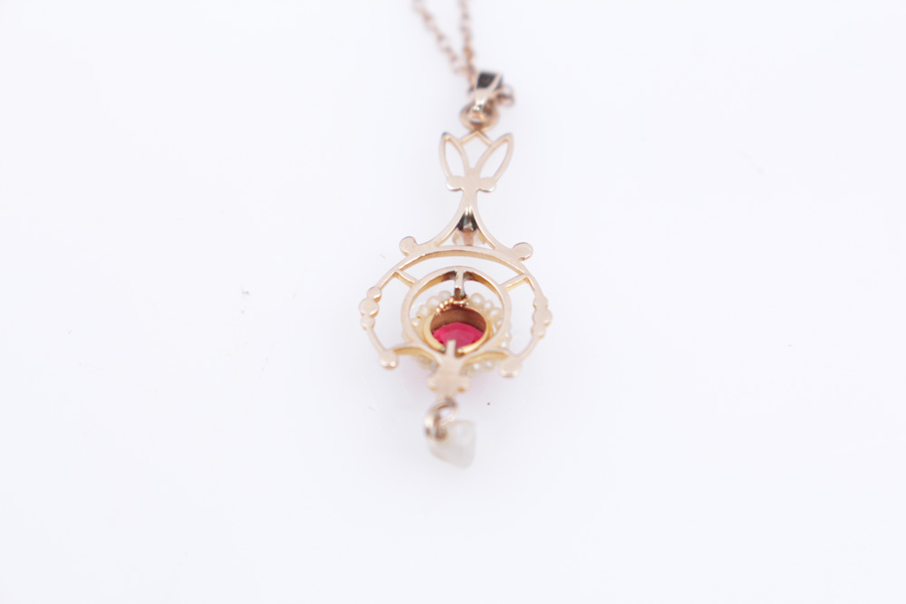 10K Rose Gold Necklace With Synthetic Spinel and Seed Pearl Pendant