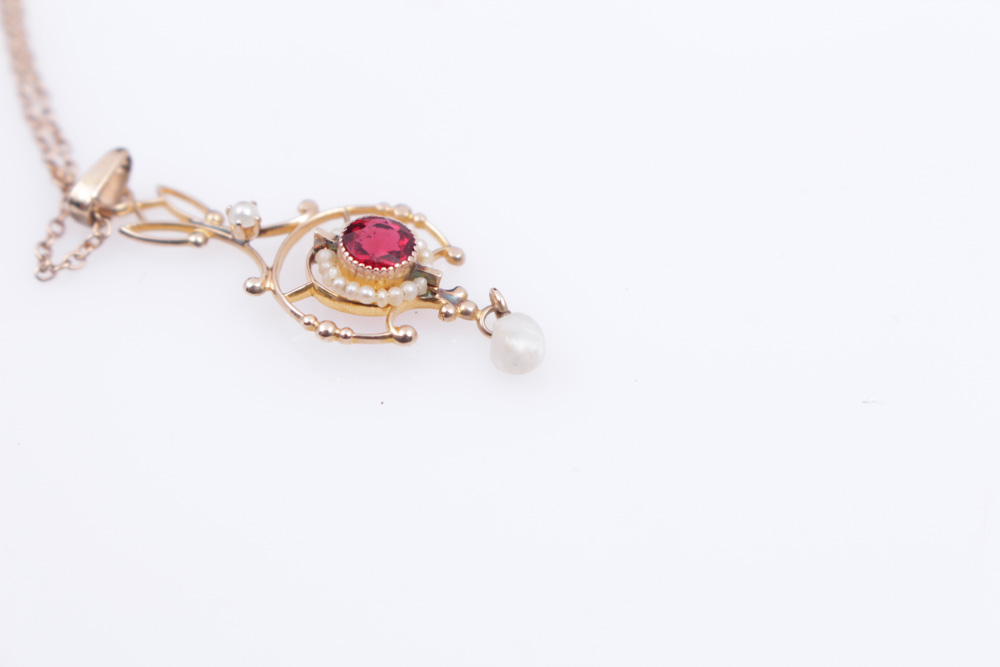 10K Rose Gold Necklace With Synthetic Spinel and Seed Pearl Pendant