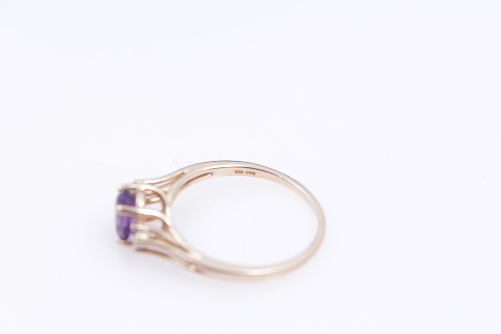 Diamond and Amethyst 10K Yellow Gold Ring